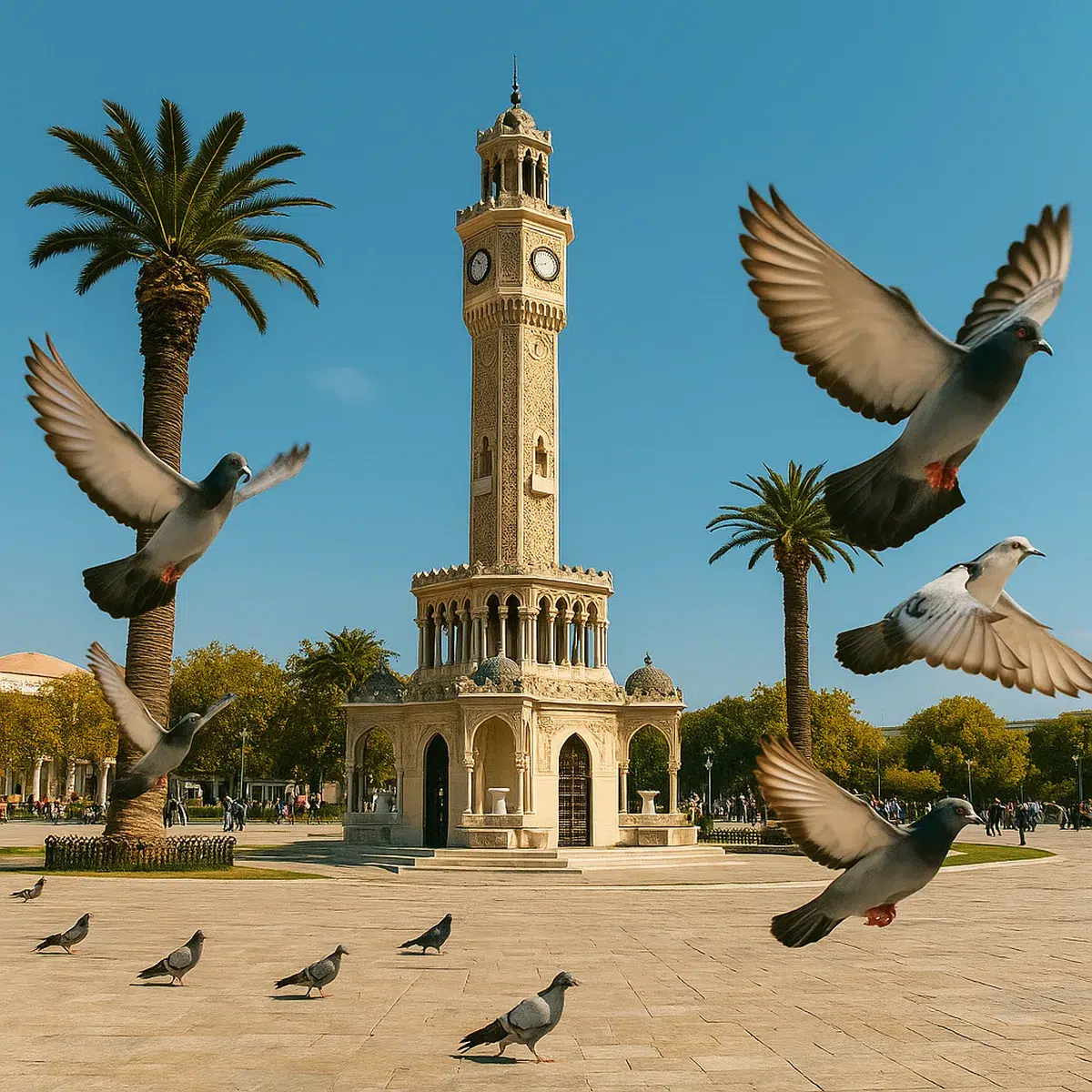 Izmir Uhrturm auf dem Konak-Platz mit Tauben – deutschsprachige Unterstützung bei Behördengängen, Übersetzungen, Dokumentenservice und persönlicher Begleitung durch Turkey Solution in der Ägäis.